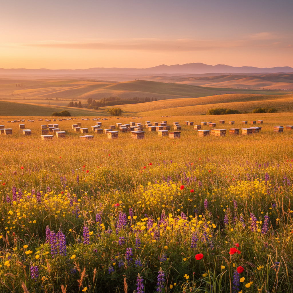 Beehives in a Palouse meadow at golden hour